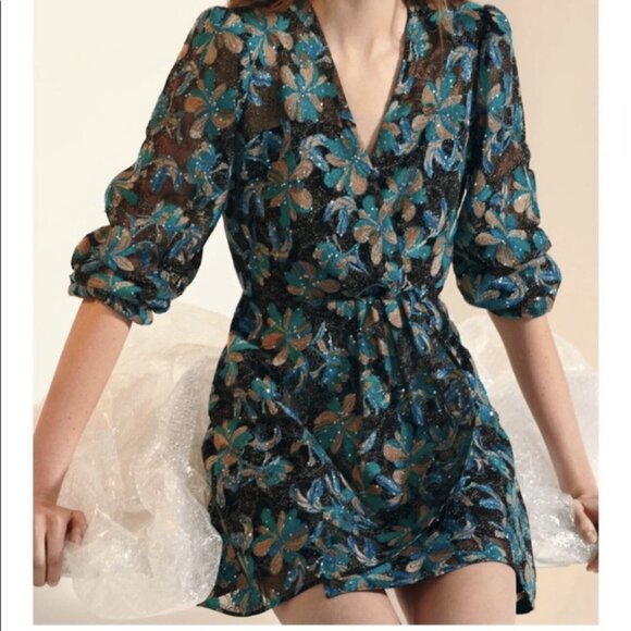 SANDRO Dress Sequins blue Flowers Sz 40 Gold - Picture 13 of 13